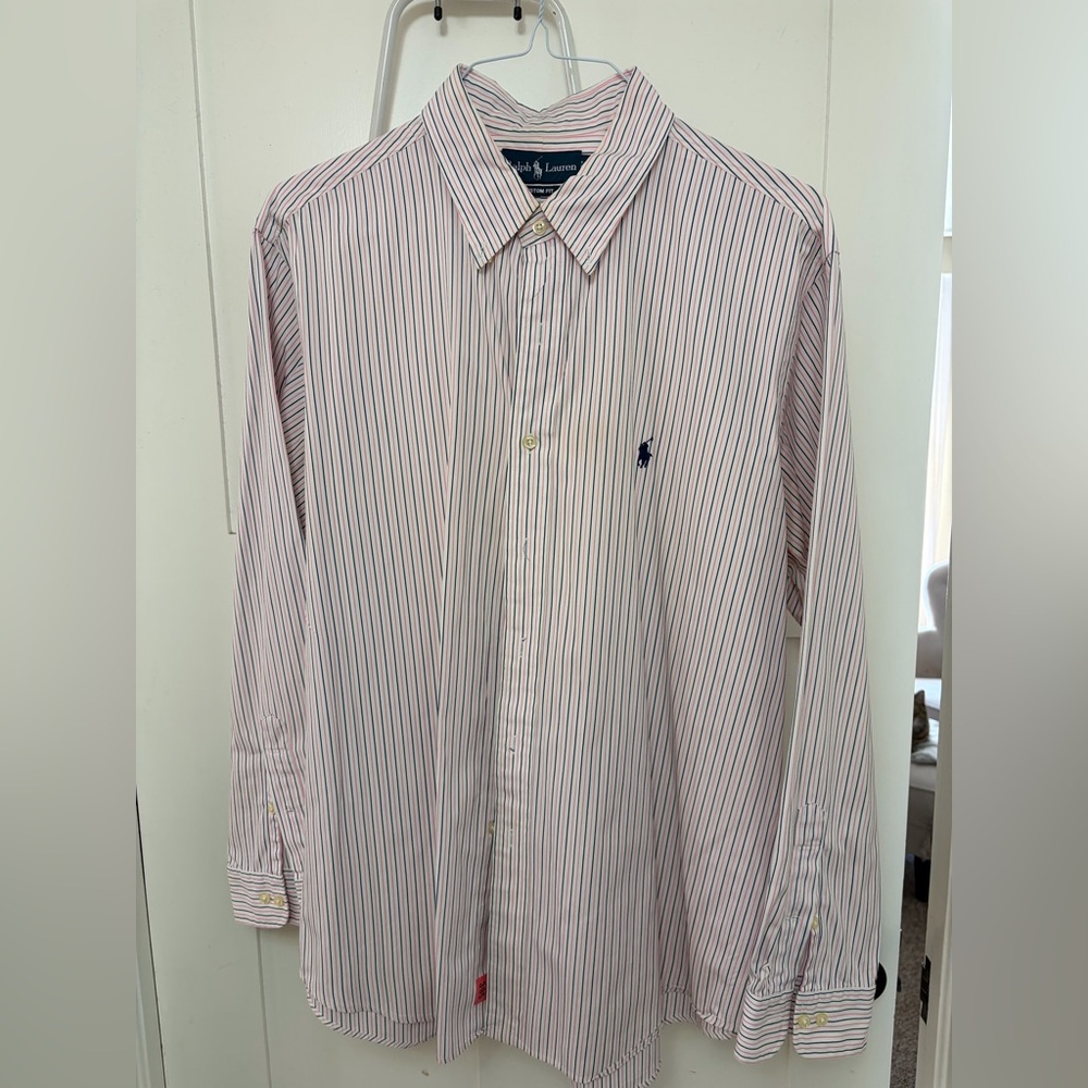 Ralph‎ Lauren Men's Pink and Navy Striped Shirt